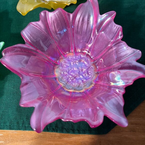Handmade Turkey Akcam Iridescent Frosted Glass Flower Bowls Candle Holders - Picture 2 of 9